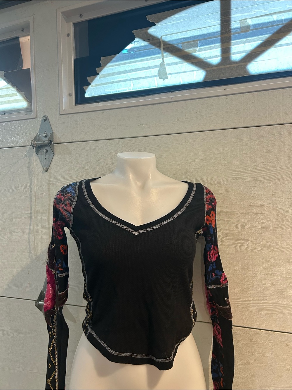 Free People Black V-Neck Top with Floral Patterned Long Sleeves